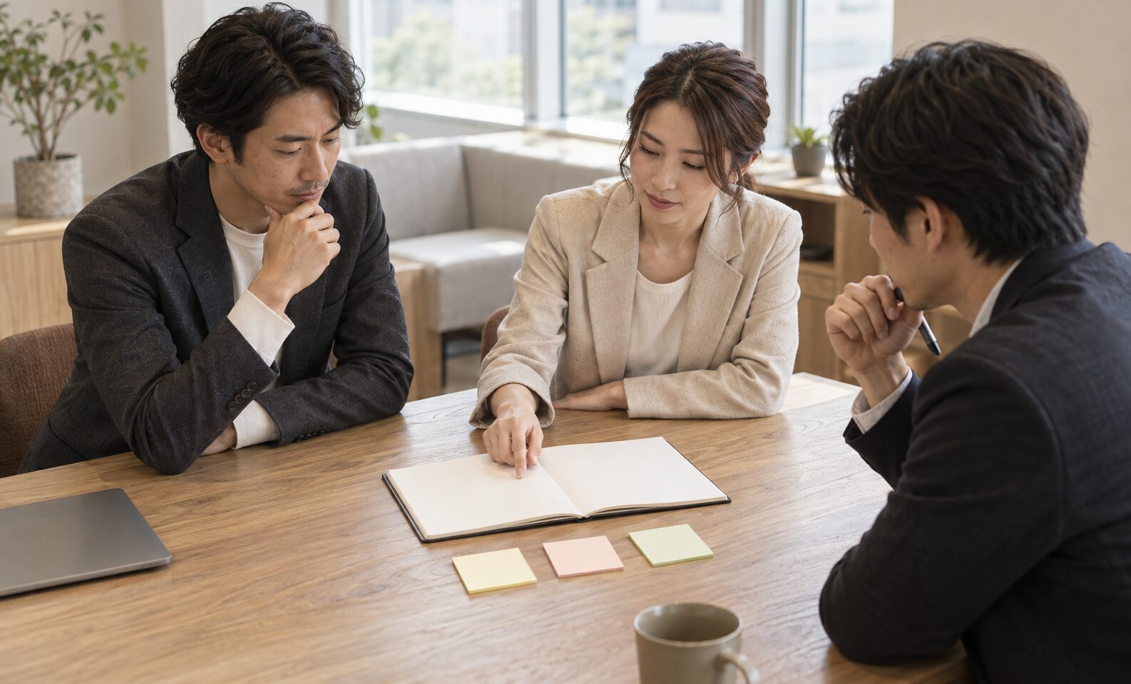 会議スペースで、ノートと3枚の付箋を前に相談する3人