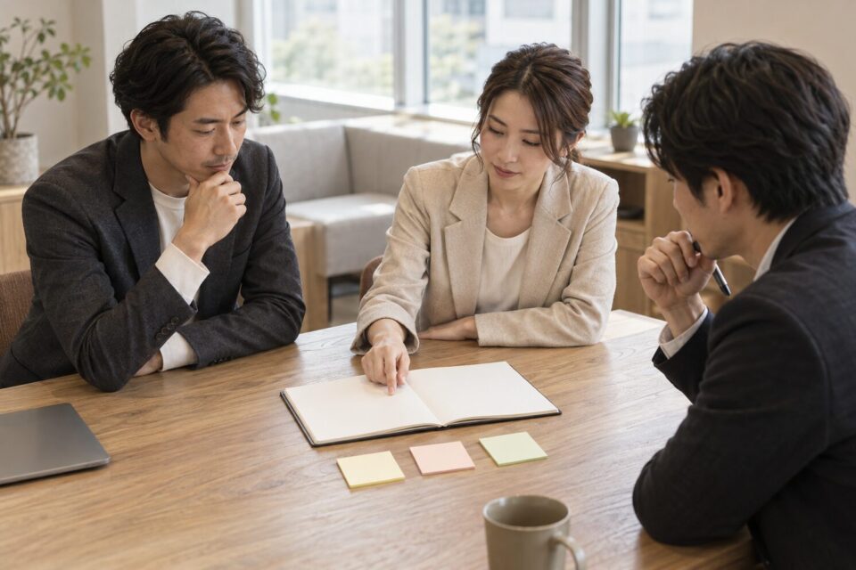 会議スペースで、ノートと3枚の付箋を前に相談する3人